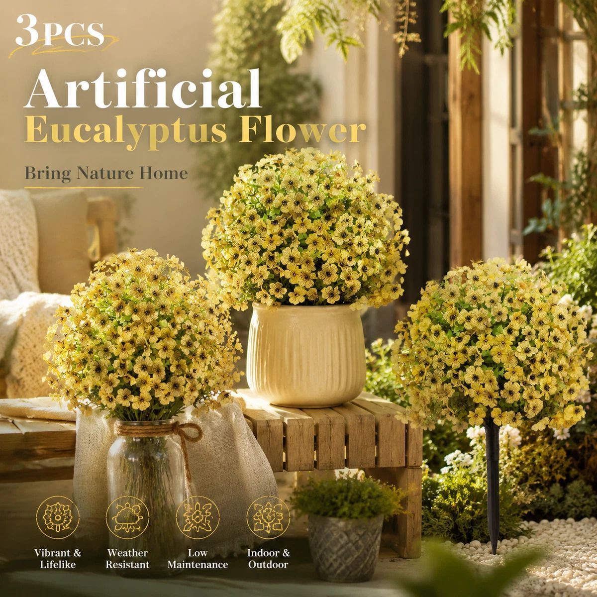 Soft Yellow Faux Eucalyptus Violet 3 Pack Outdoor Stake Interior Shooting Flower - Image 1