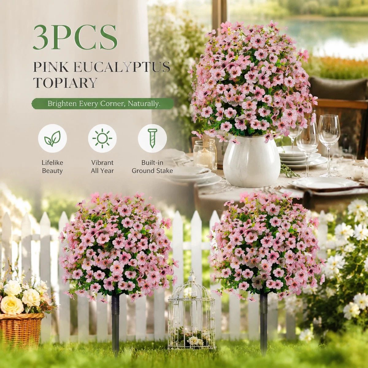 Pastel Pink Artificial Violet Greenery Stems Set of 3 Table Floral Photo Accessory - Image 1
