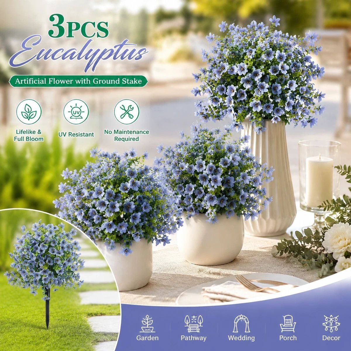 Sky Blue Faux Floral Greenery 3 Pack Garden Stake Home Interior Styling - Image 1