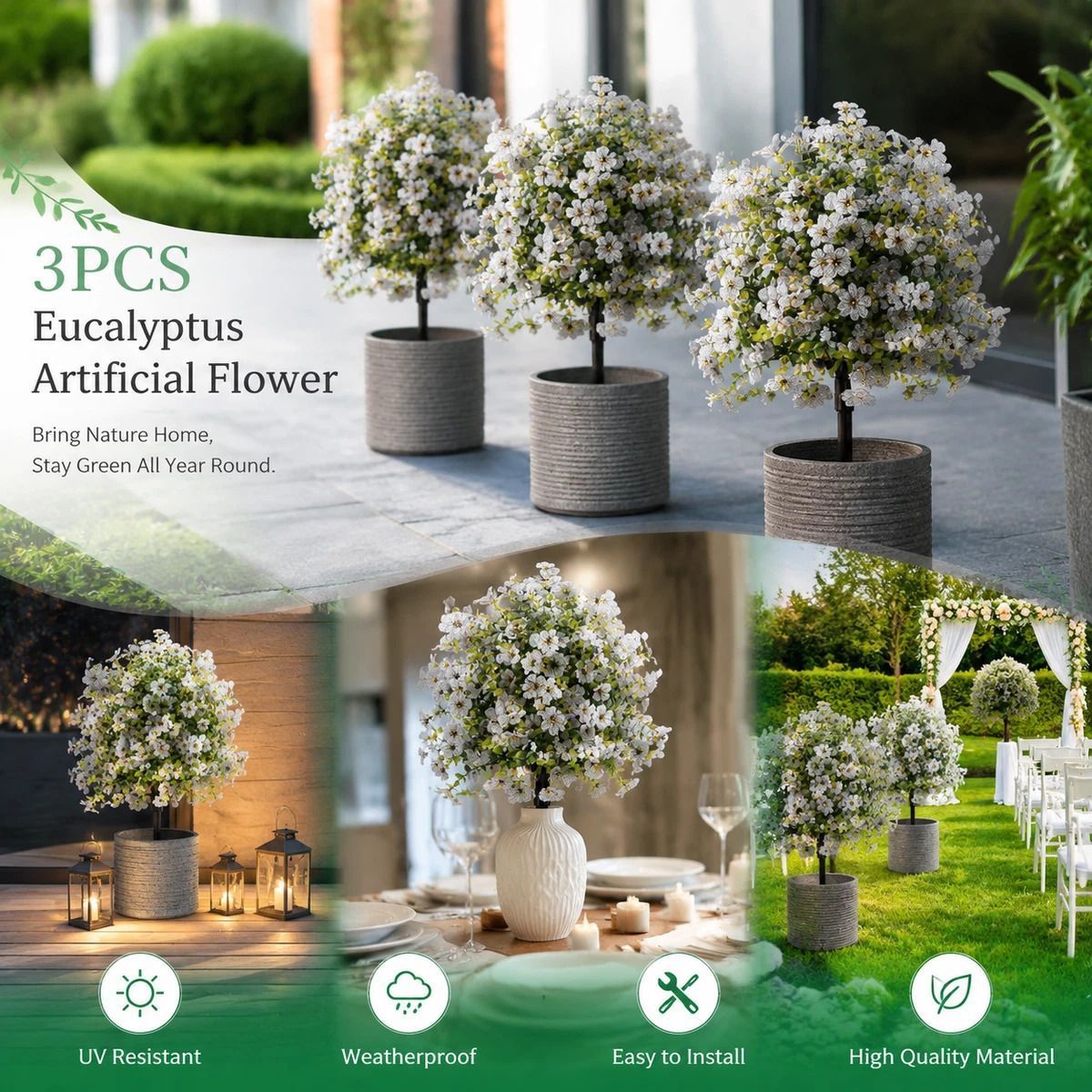 Cream White Artificial Flower Stems 3Pcs Portrait Shoot Backyard Ornament - Image 1