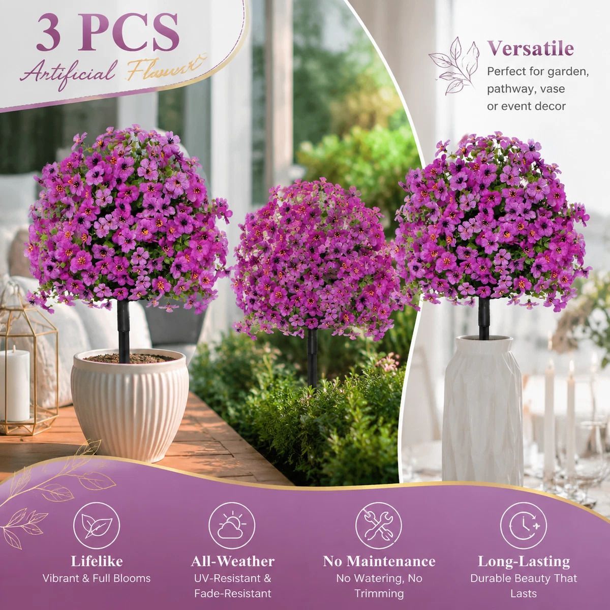 Fuchsia Faux Eucalyptus Stems Set of 3 Patio Insert Indoor Decorative Florals - Image 1