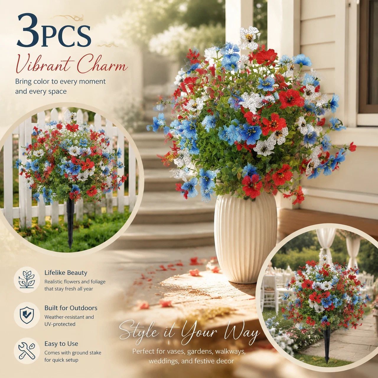 Red Blue White Mixed Artificial Stems 3 Pack Home Garden Landscape Greenery - Image 1