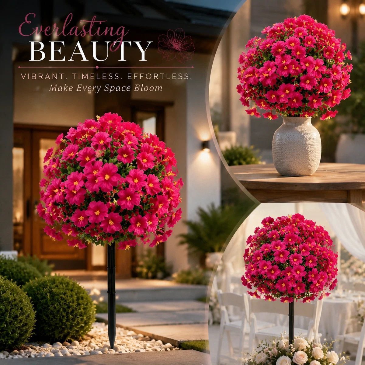Magenta Morning Glory Faux Stems With Eucalyptus Set of 3 Yard Photo Decor - Image 1