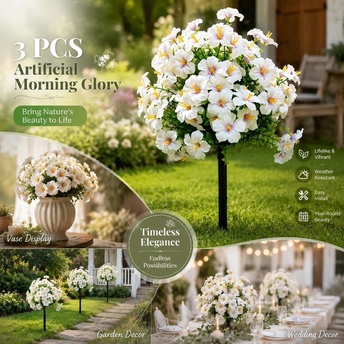 Dual Purple Morning Glory Artificial Greenery 3Pcs Table Floral Display Prop - Image 1