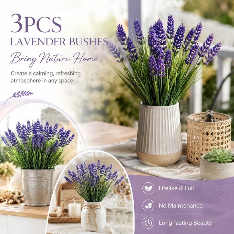 Purple 7 Fork Artificial Lavender Bouquet Spring Grass Fake Flower Decor 3 Pack - Image 1