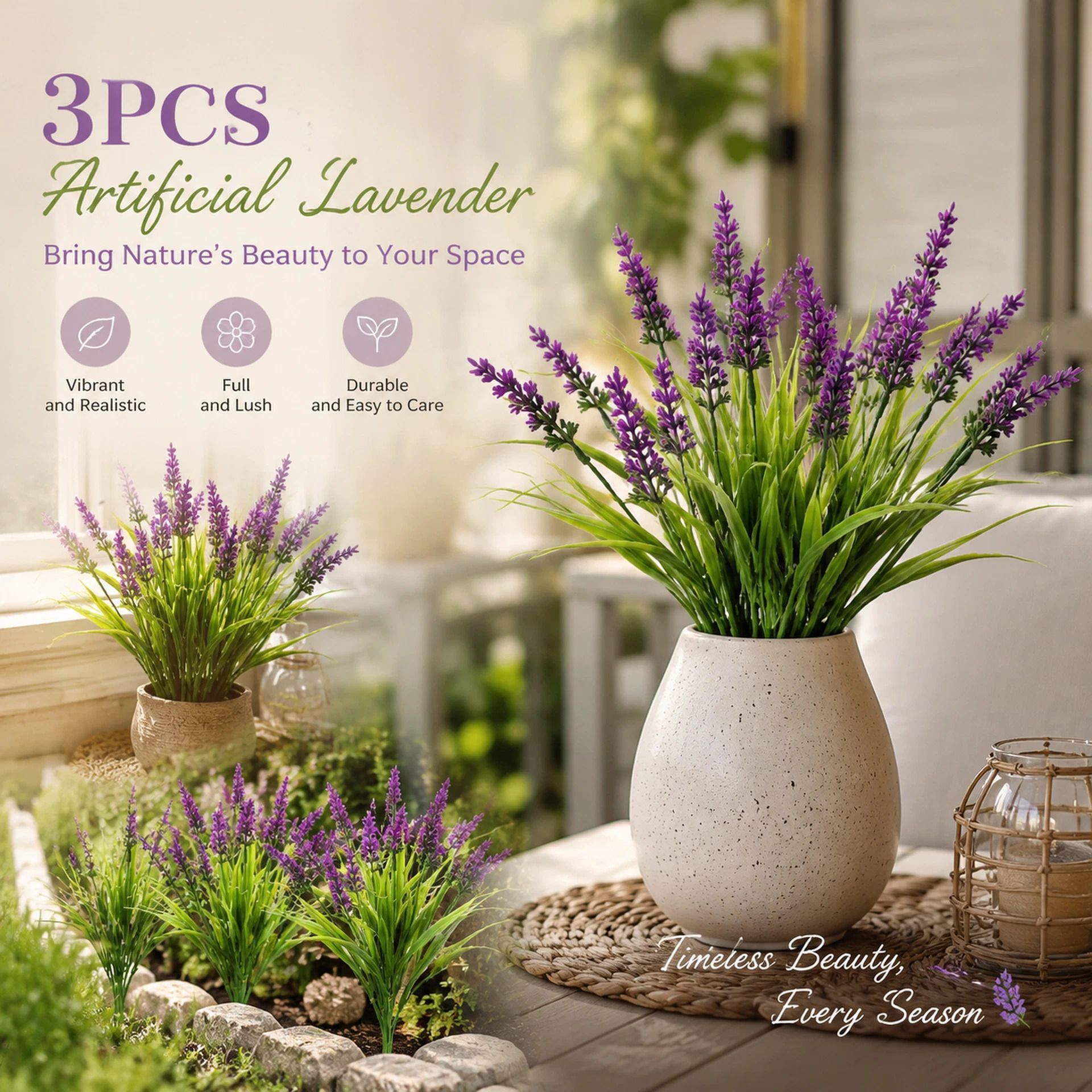 Lotus Pink 7 Stem Faux Lavender Stems Indoor Outdoor Garden Ornament Set of 3 - Image 1