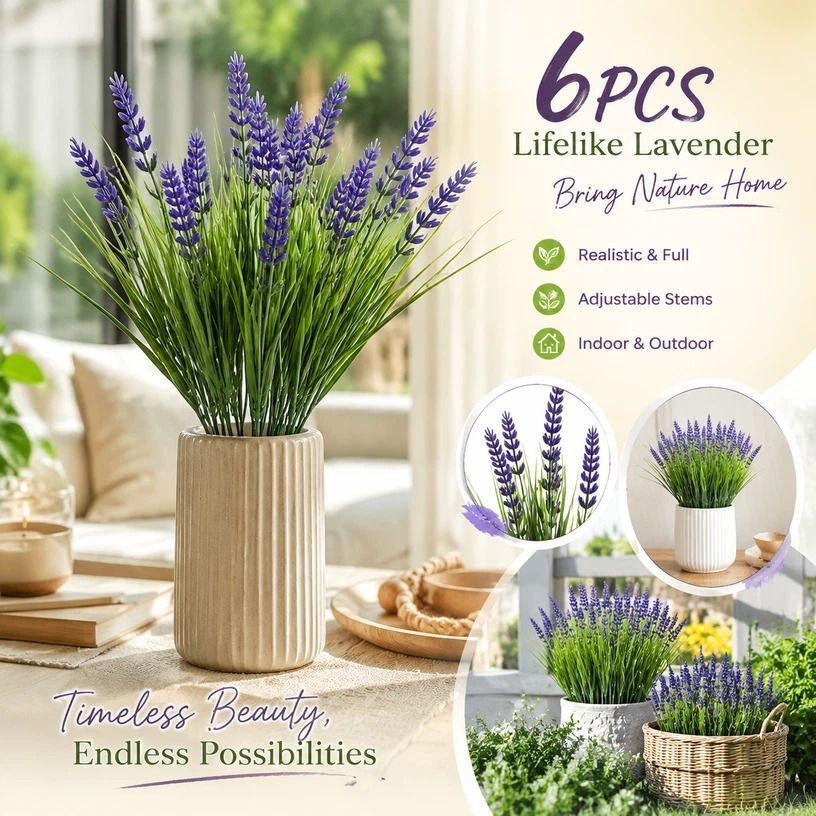 Purple 7 Branch Artificial Lavender Spring Grass Floral Display Stems 6 Pack - Image 1