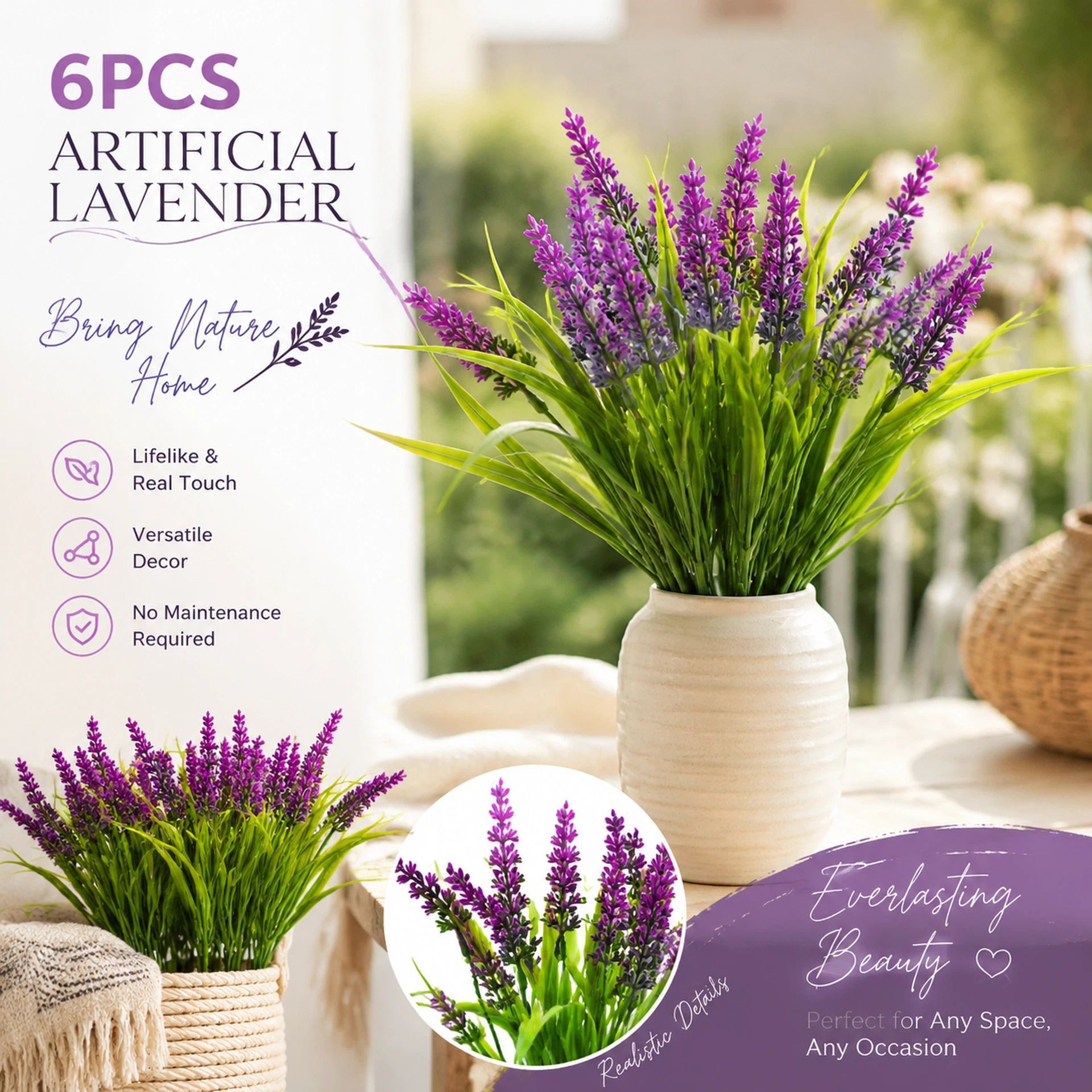 Lotus Pink 7 Fork Faux Lavender Fake Greenery Home Patio Decor Set of 6 - Image 1