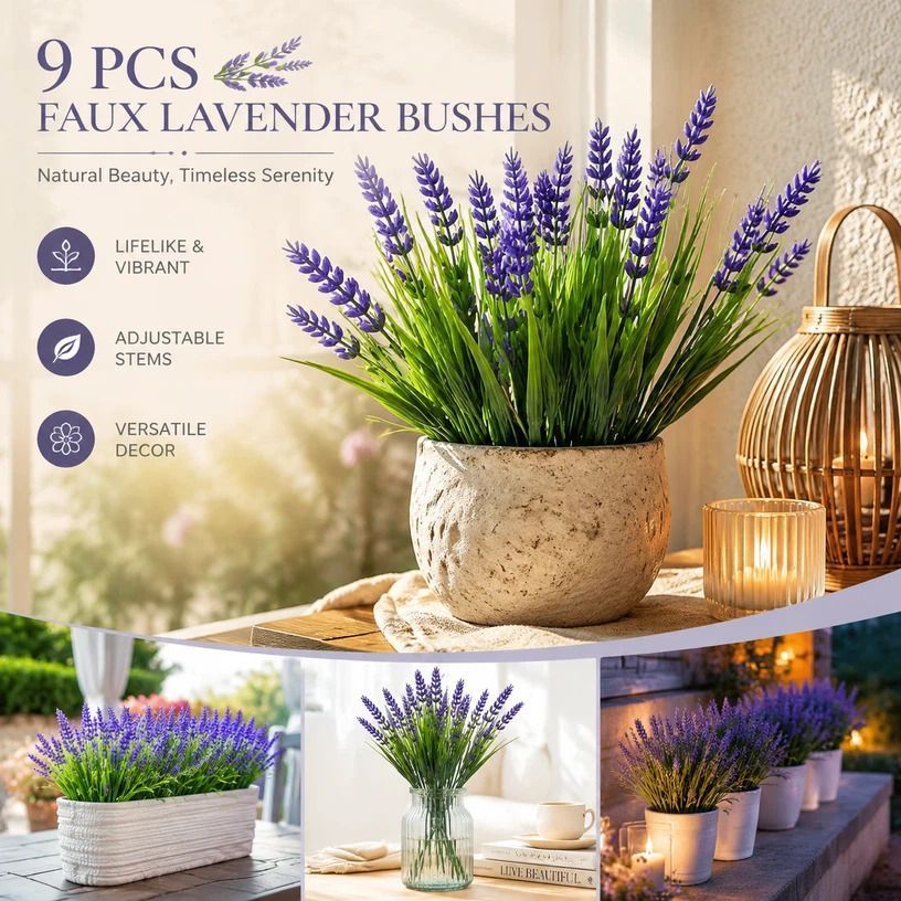 Purple 7 Stem Artificial Lavender Spring Grass Fake Flower Arrangement 9 Pack - Image 1