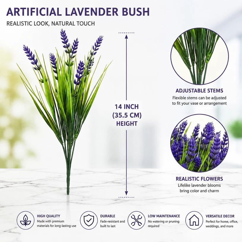 Purple 7 Stem Artificial Lavender Spring Grass Fake Flower Arrangement 9 Pack - Image 2