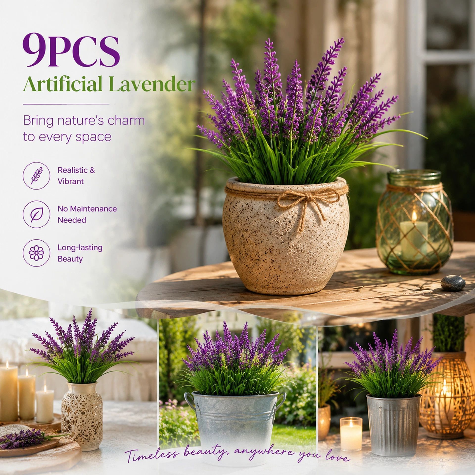 Lotus Pink 7 Branch Faux Lavender Bouquet Backyard Table Decor Set of 9 - Image 1