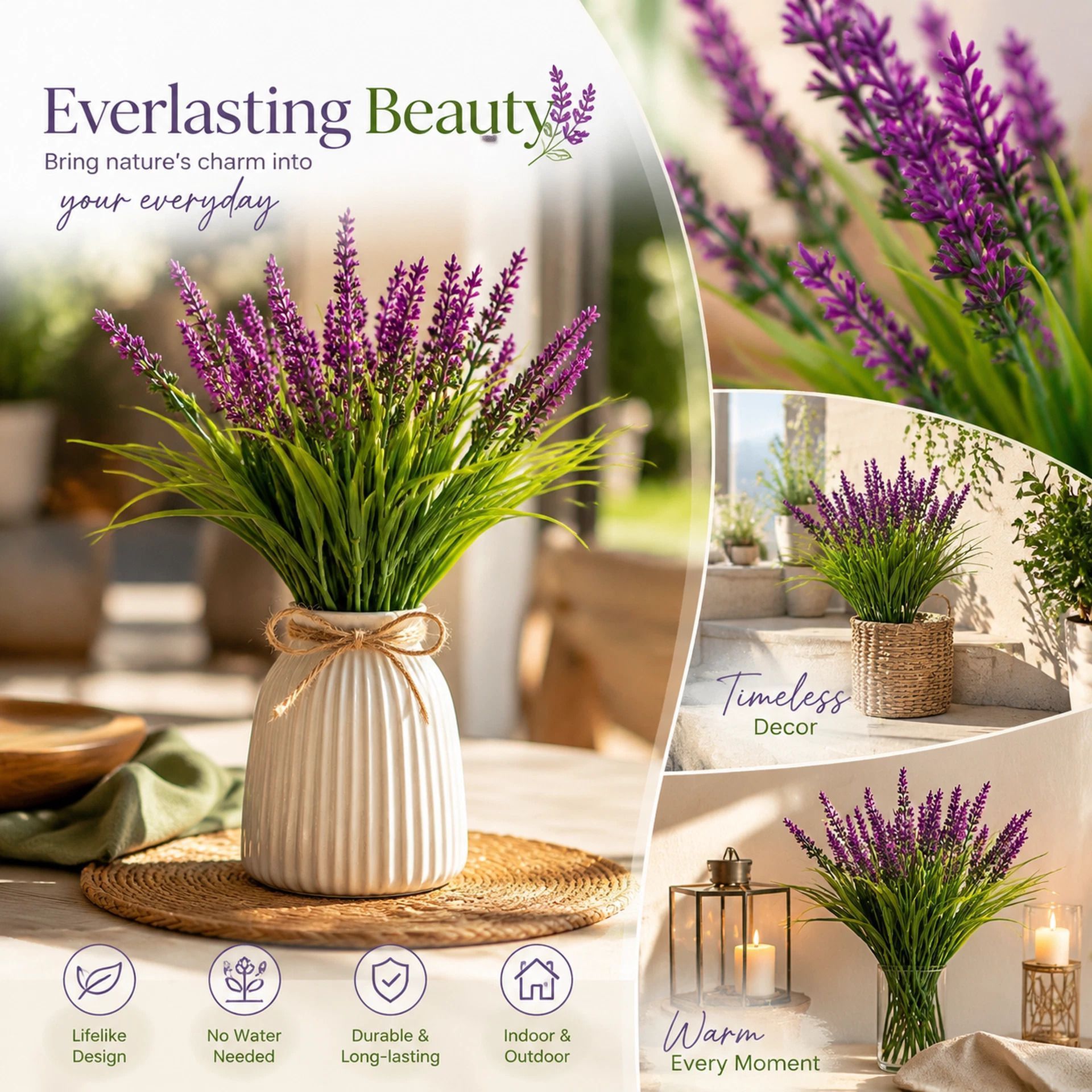 Lotus Pink 7 Branch Faux Lavender Bouquet Backyard Table Decor Set of 9 - Image 3