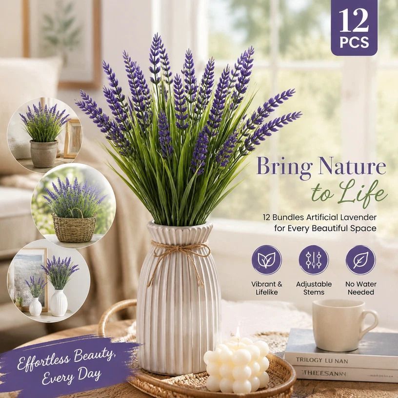 Purple 7 Fork Faux Lavender Spring Grass Artificial Floral Stems 12 Pack - Image 1