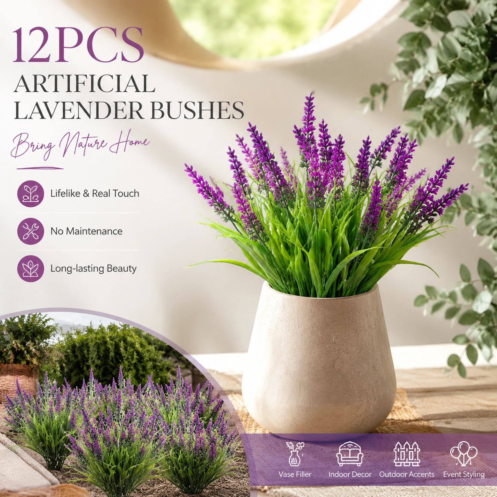 Lotus Pink 7 Stem Artificial Lavender Fake Greenery Garden Vase Decor 12 Pack - Image 1
