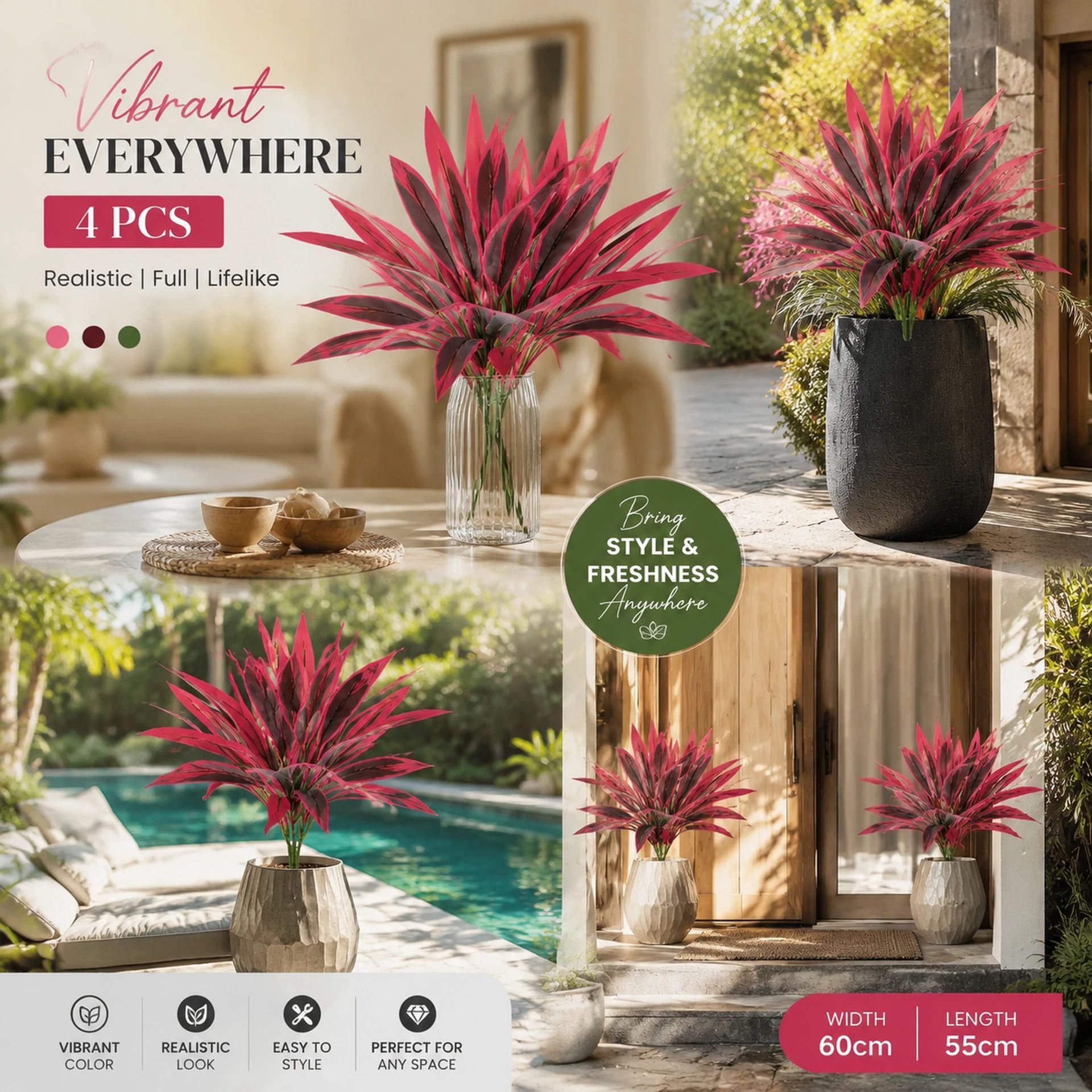 Purple Faux Brazil Wood Dracaena Indoor Greenery Ornament 4 Pack - Image 1