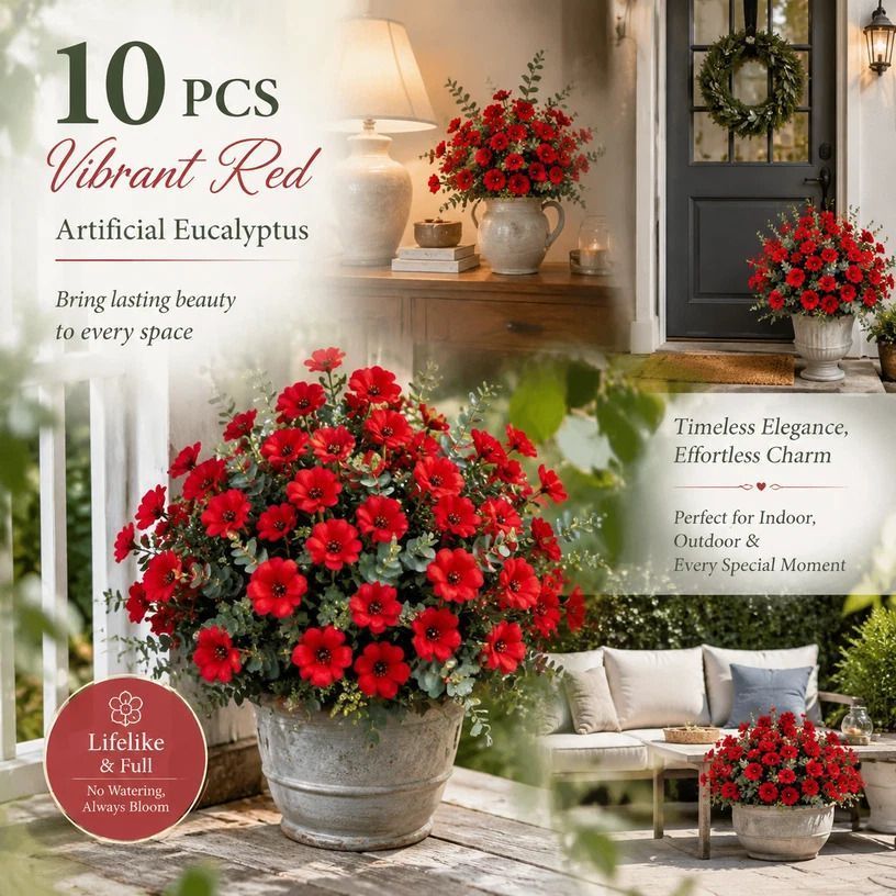 Red Faux Eucalyptus Pansy Floral Stems Patio Vase Ornament 10 Pack - Image 1
