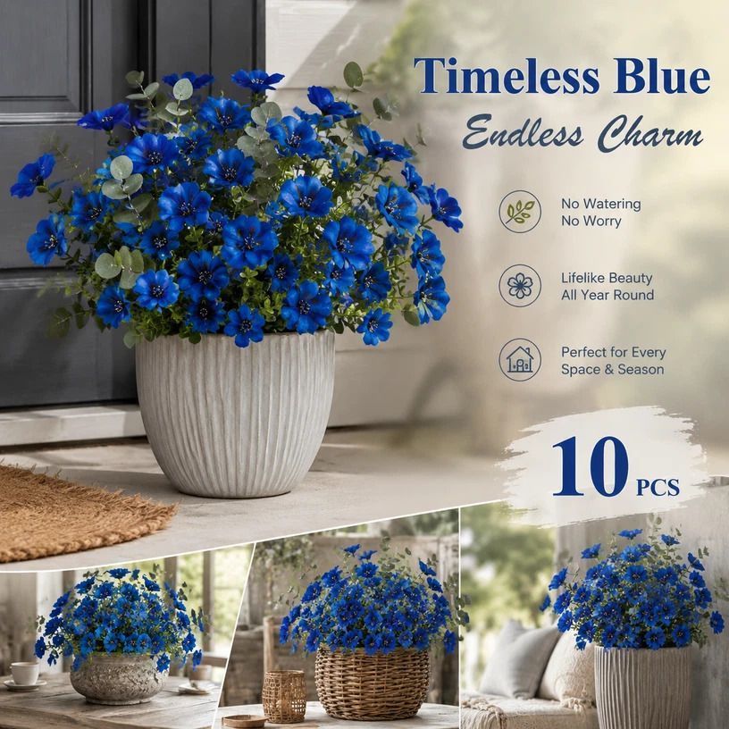 Blue Artificial Eucalyptus Pansy Fake Flower Stems Home Styling 10 Pack - Image 1