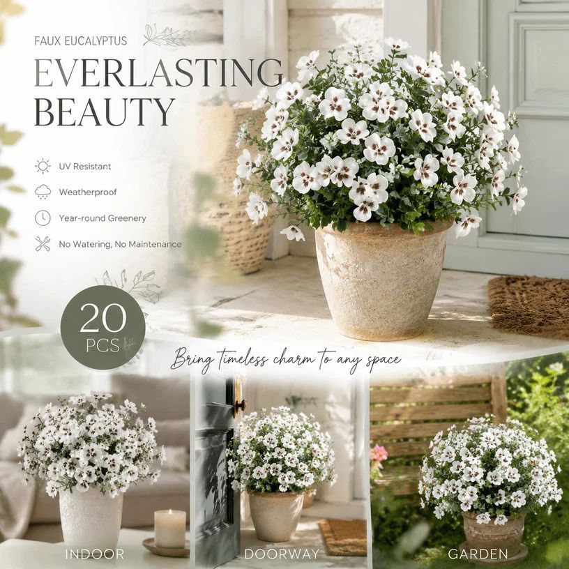 White Faux Eucalyptus Pansy Floral Arrangement Indoor Outdoor Decor 20 Pack - Image 1