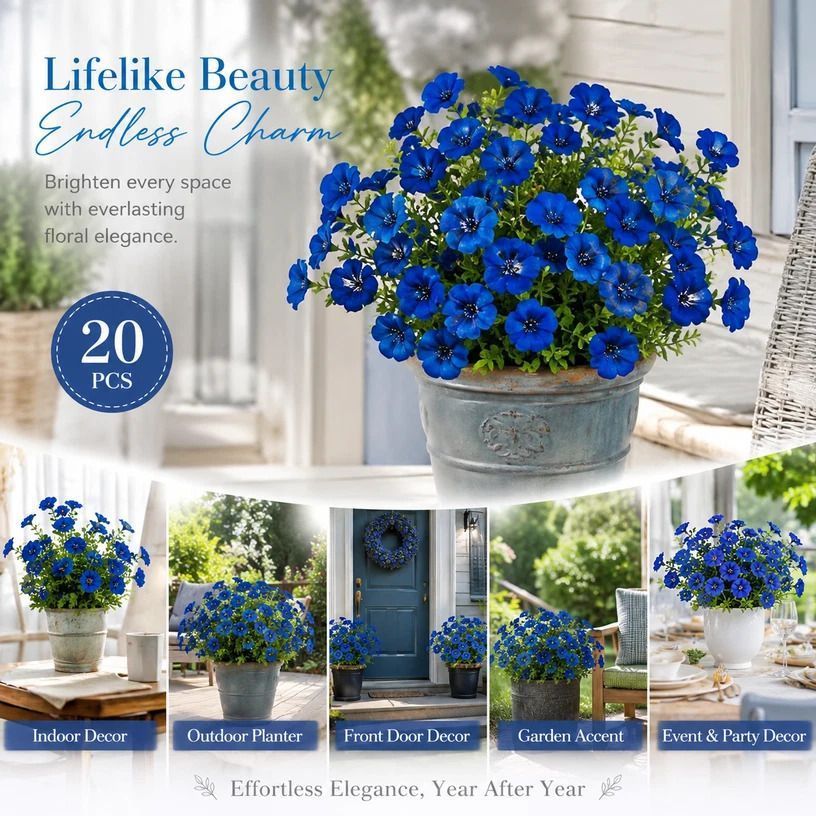 Blue Faux Eucalyptus Pansy Fake Flower Stems Yard Landscape Decor 20 Pack - Image 1