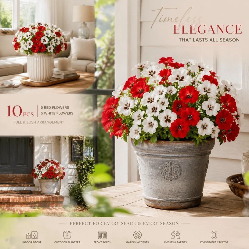 White & Red Mixed Faux Eucalyptus Pansy Stems Table Decor Set of 10 - Image 1