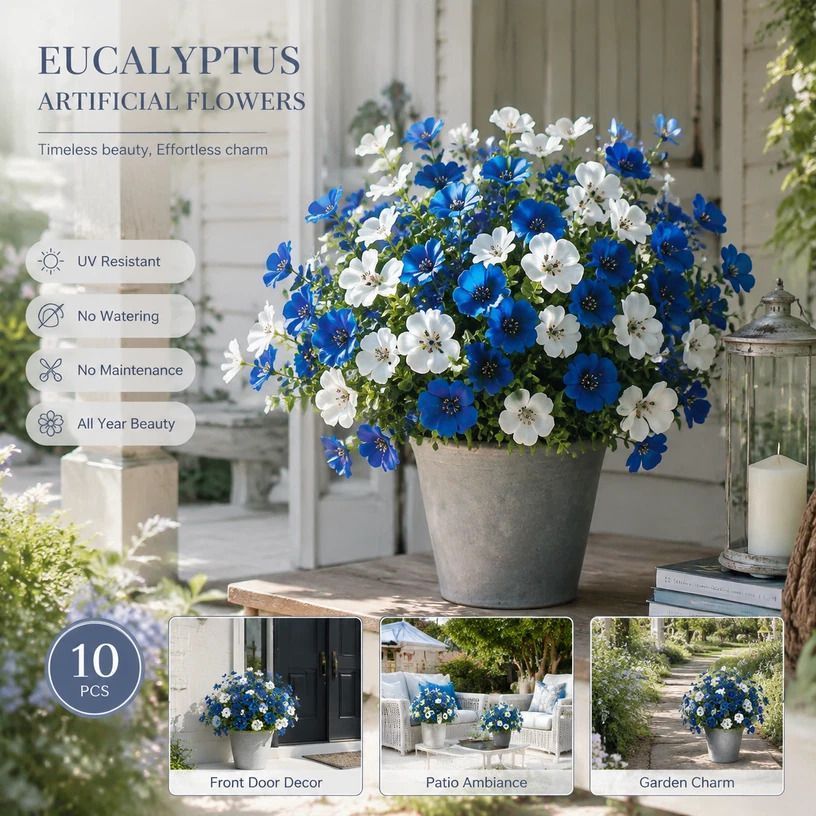 White & Blue Mixed Artificial Eucalyptus Pansy Floral Stems 10 Pack - Image 1
