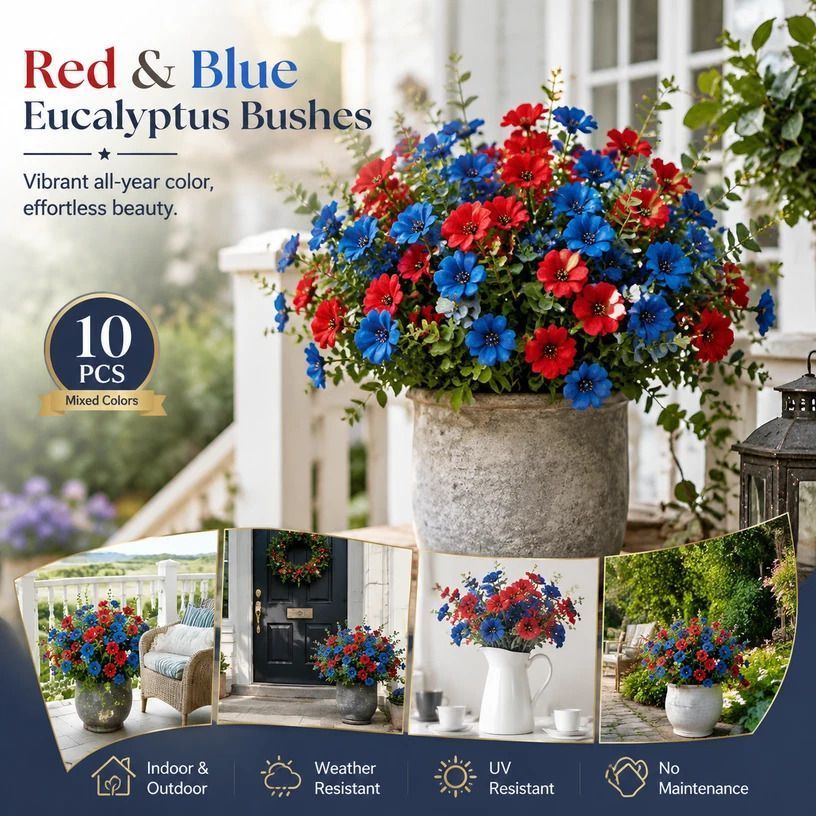 Red & Blue Mixed Faux Eucalyptus Pansy Greenery Home Ornament 10 Pack - Image 1