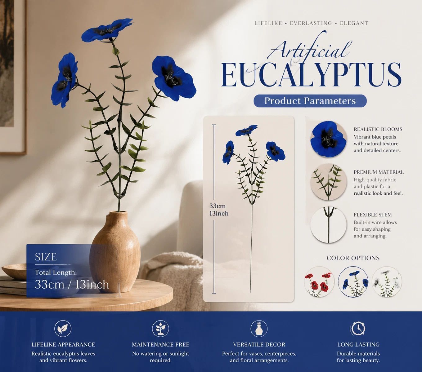 Red & Blue Mixed Faux Eucalyptus Pansy Greenery Home Ornament 10 Pack - Image 3