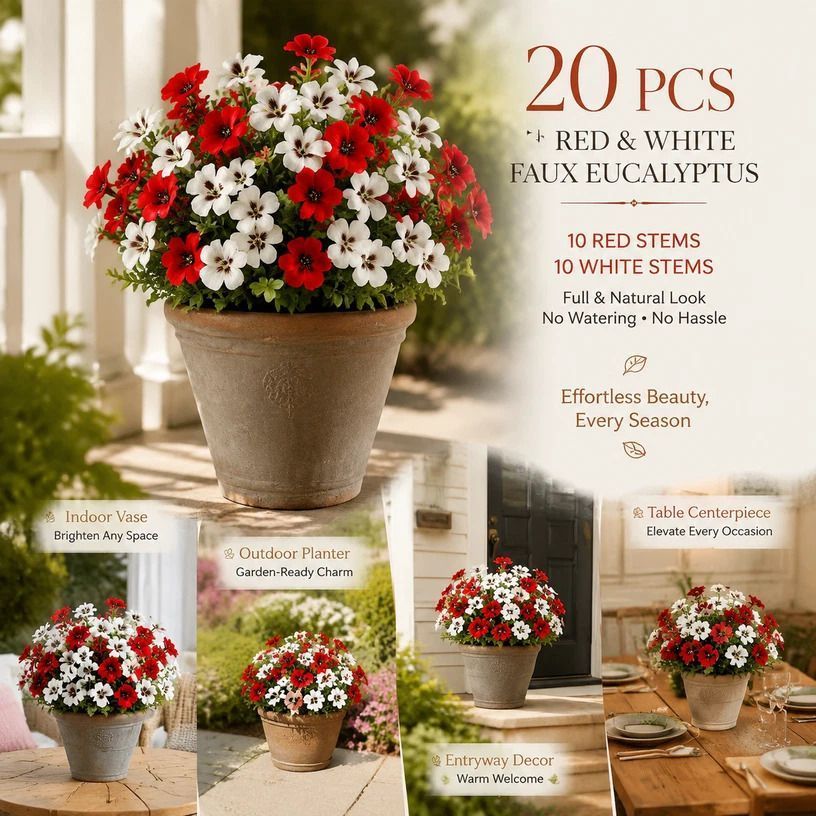 White & Red Mixed Artificial Eucalyptus Pansy Stems Patio Display 20 Pack - Image 1