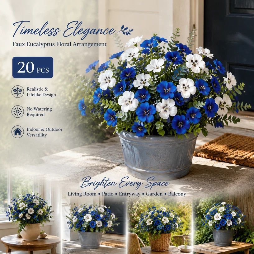 White & Blue Mixed Faux Eucalyptus Pansy Floral Arrangement Set of 20 - Image 1