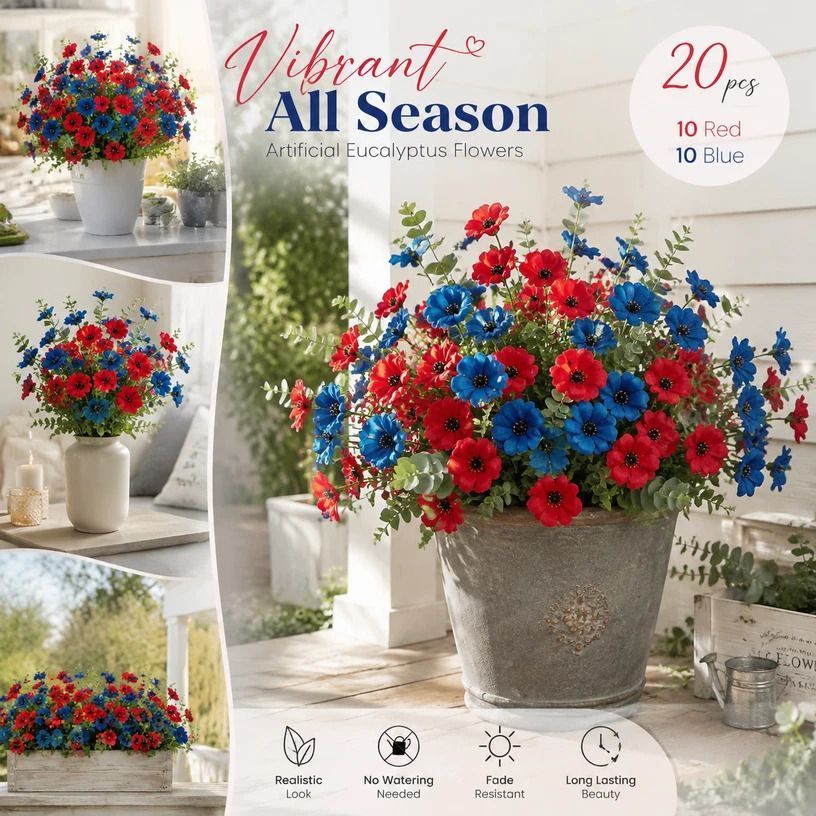 Red & Blue Mixed Artificial Eucalyptus Pansy Fake Flower Stems Yard Decor 20 Pack - Image 1