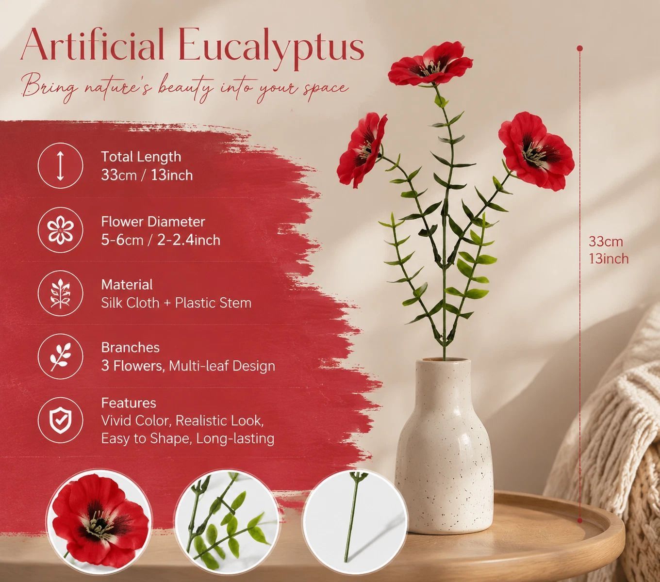 Red & Blue Mixed Artificial Eucalyptus Pansy Fake Flower Stems Yard Decor 20 Pack - Image 3