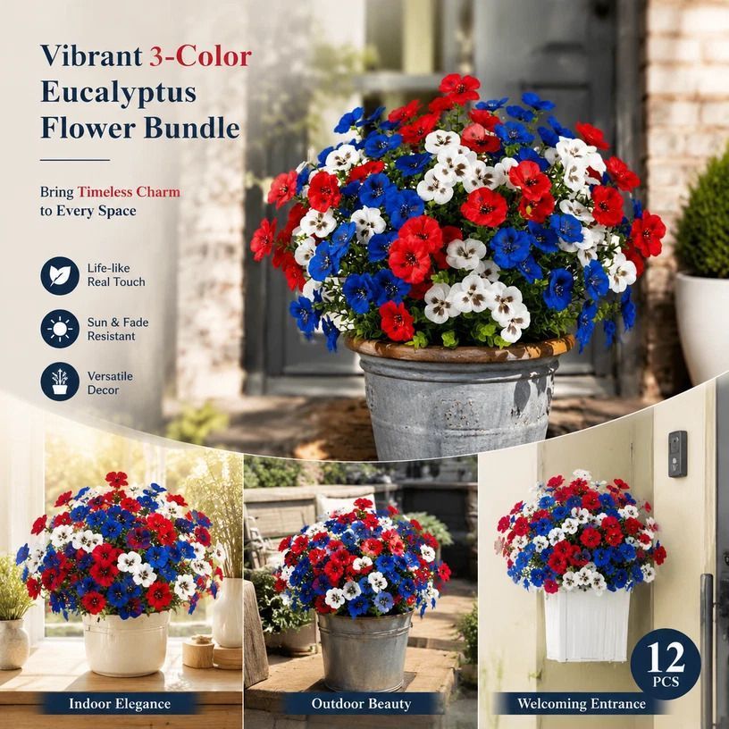 White Red Blue Mixed Faux Eucalyptus Pansy Stems Home Vase Decor Set of 12 - Image 1