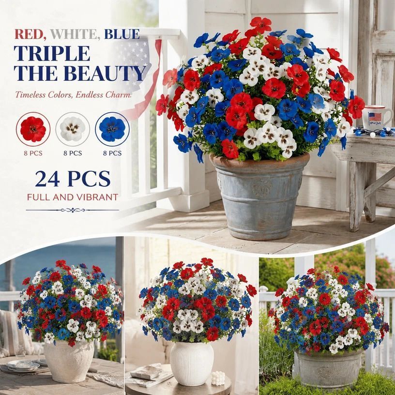 White Red Blue Mixed Artificial Eucalyptus Pansy Floral Stems Landscape 24 Pack - Image 1