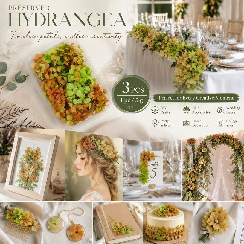 Soft Jade Gradient Preserved Hydrangea Handcraft Floral Supply Set of 3 - Image 1