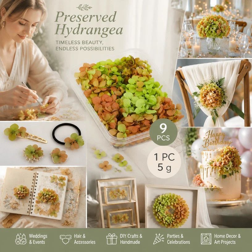 Soft Jade Tone Preserved Hydrangea Gradient Handcraft Bulk Bundle 9×5g Pack - Image 1
