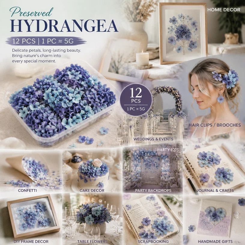 Blue Purple Tone Preserved Hydrangea Dried Floral Resin Supply Large Pack of 12 - Image 1