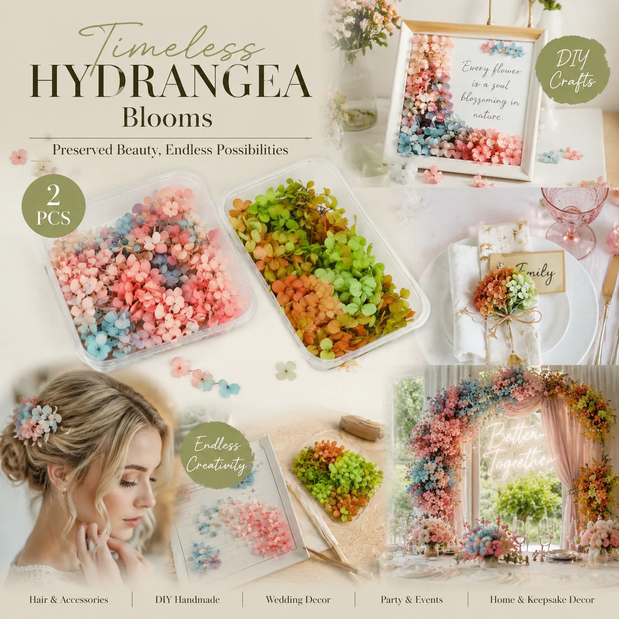 Dreamy Tone & Hibiscus Tone Preserved Hydrangea Bouquet Making Craft Supply 2 Pack - Image 1