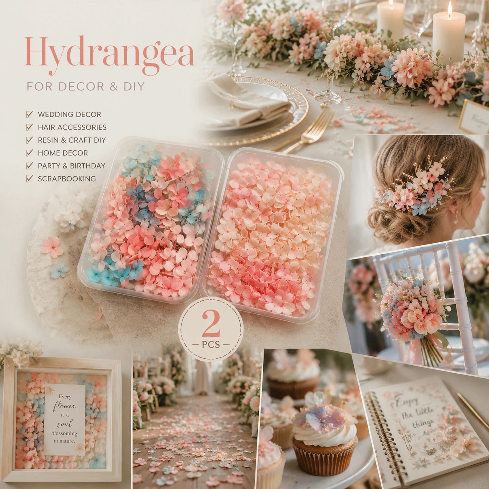 Dreamy Tone & Champagne Tone Gradient Preserved Hydrangea Wax Slice Craft Supply 2 Pack - Image 1