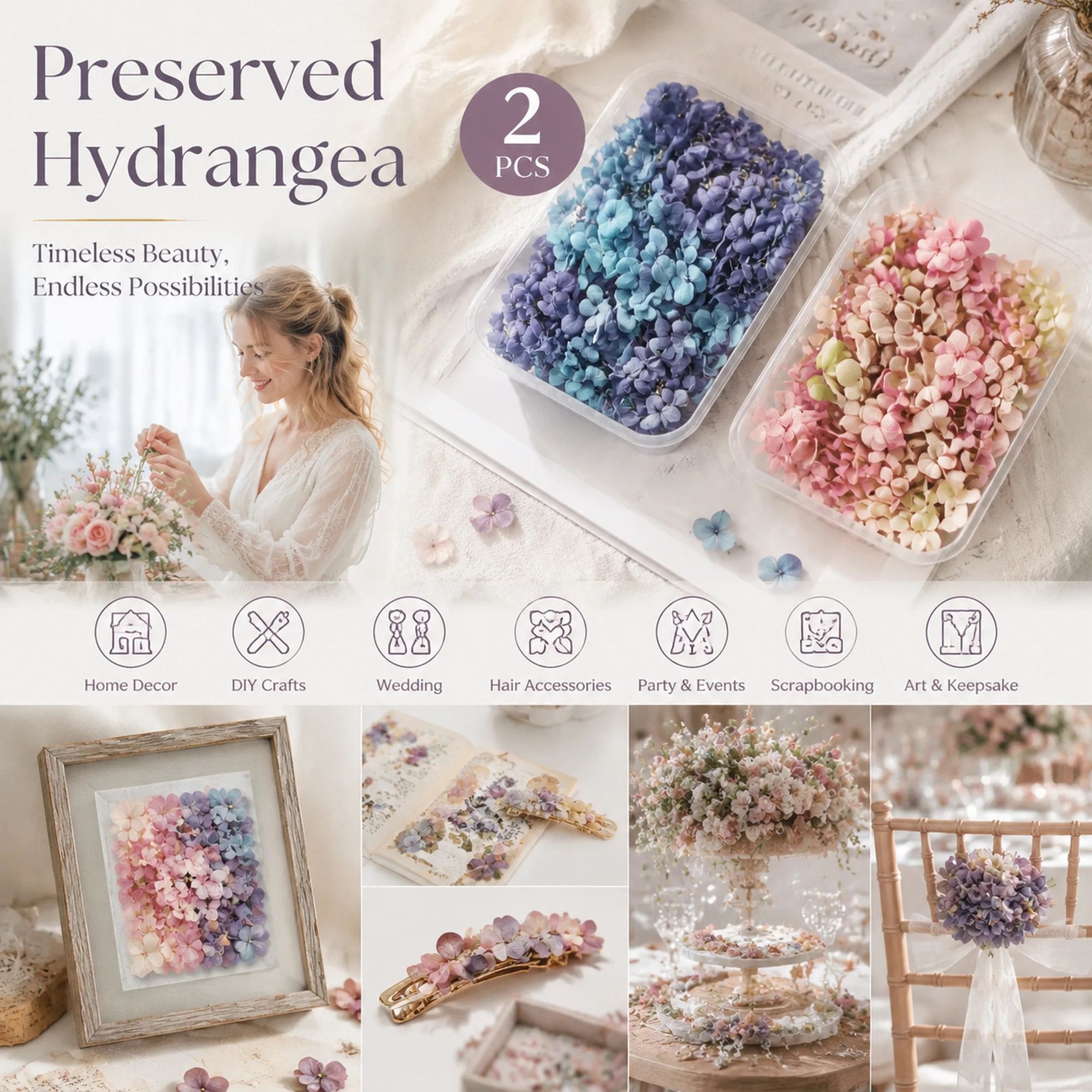 Blue Purple Shade & Taro Purple Gradient Preserved Hydrangea DIY Craft Flower Pack of 2 - Image 1