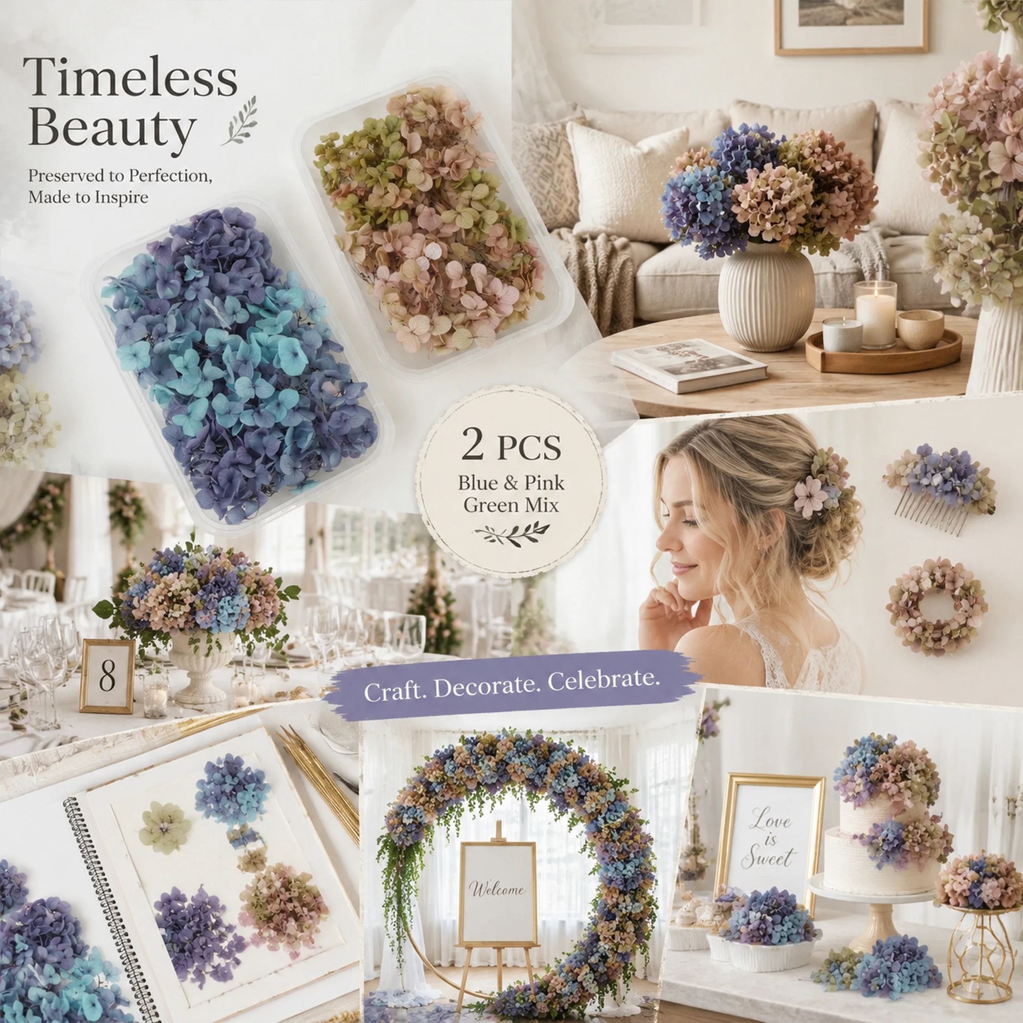Blue Purple Shade & Agate Blue Preserved Hydrangea Handcraft Floral Supply Set of 2 Boxes - Image 1