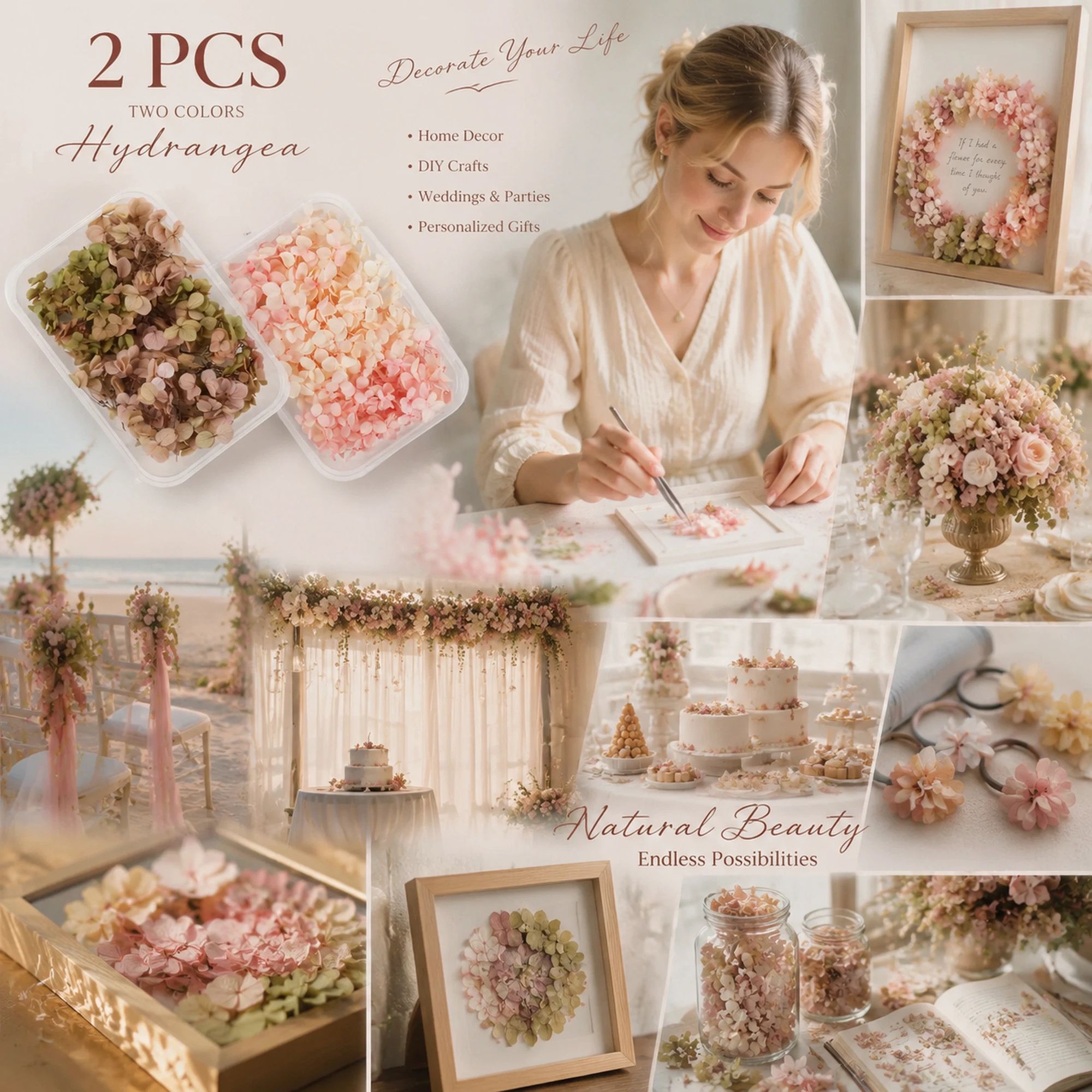 Agate Blue & Champagne Tone Preserved Hydrangea Wedding DIY Accessory Kit 2 Boxes - Image 1
