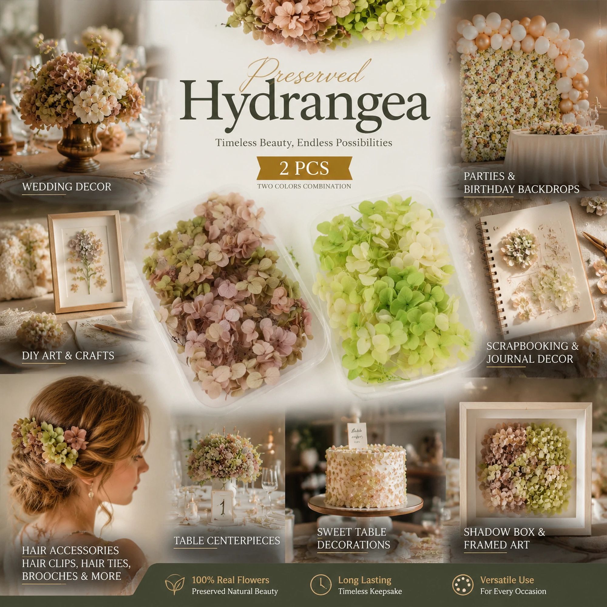 Agate Blue & Pale Green Champagne Gradient Preserved Hydrangea Bouquet Supply 2 Pack - Image 1