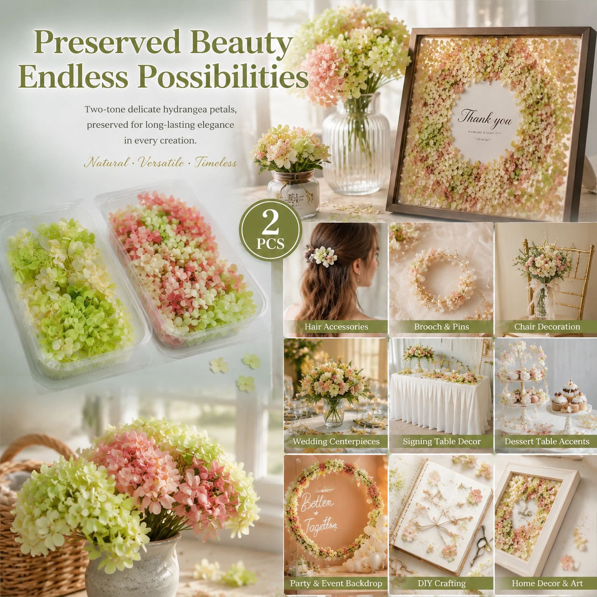 Warm Mixed Shade & Pale Green Champagne Preserved Hydrangea Frame DIY Set of 2 Boxes - Image 1