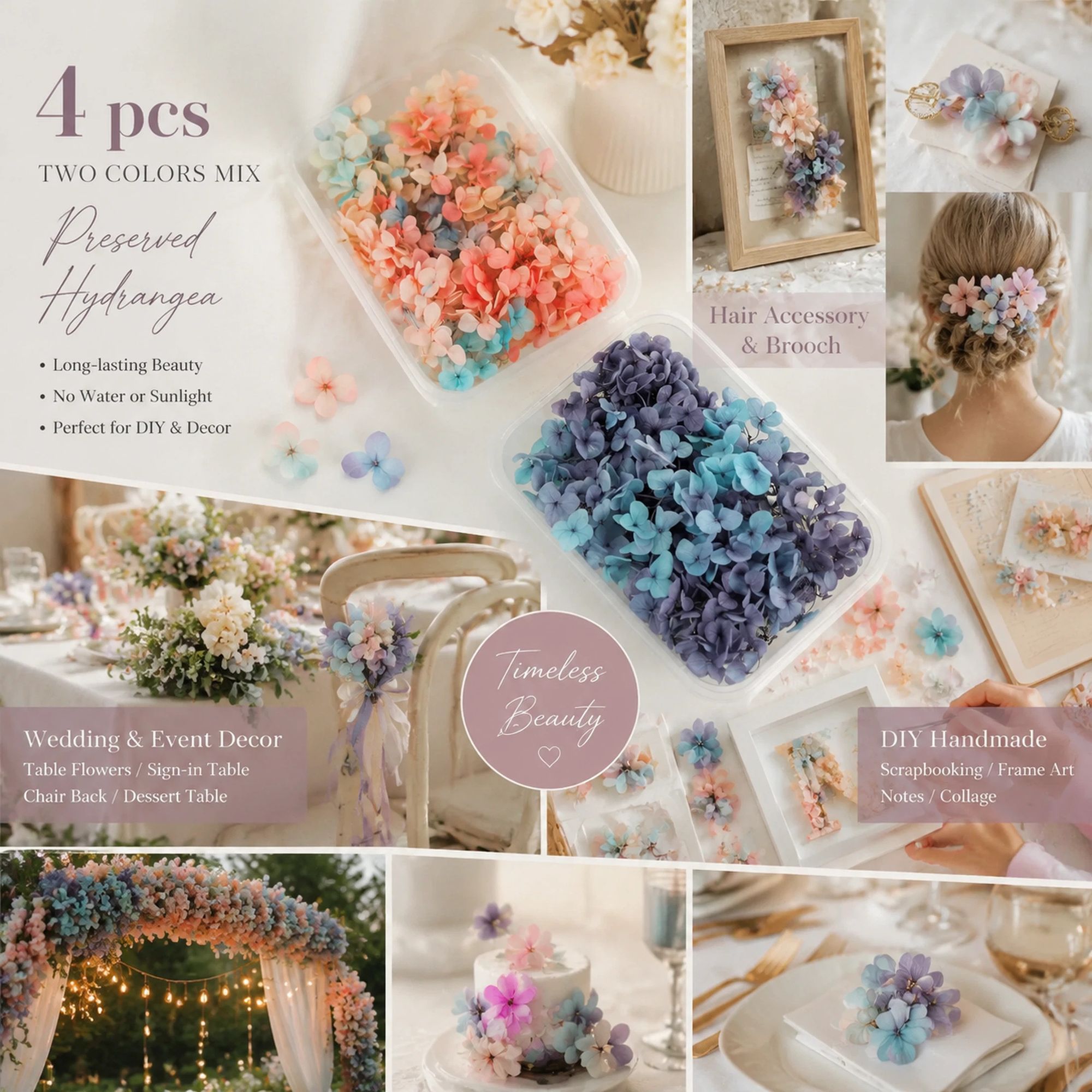 Dreamy Tone & Blue Purple Shade Gradient Preserved Hydrangea Bulk DIY Craft Kit Set of 4 Boxes (2 Boxes Each Tone) - Image 1