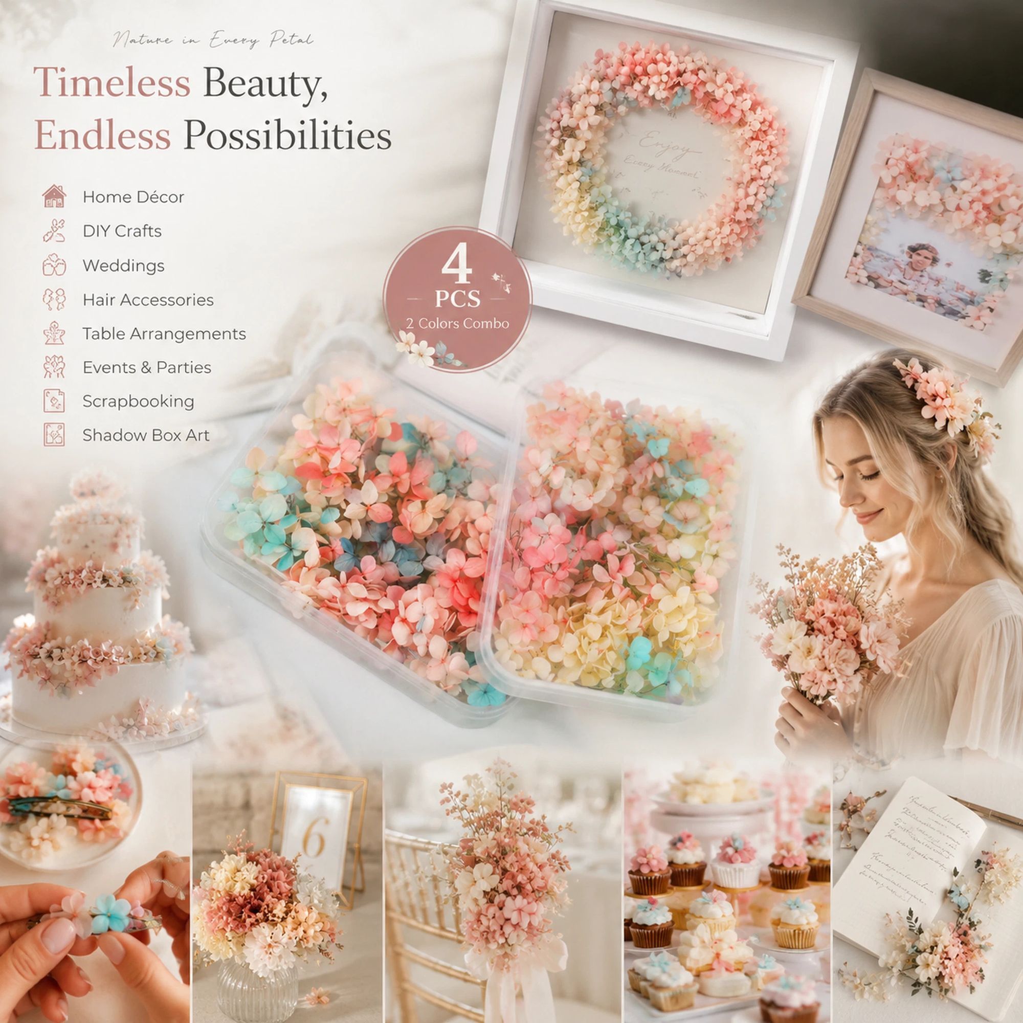 Dreamy Tone & Modern Mixed Shade Preserved Hydrangea Event Tabletop Craft Kit 4 Boxes - Image 1