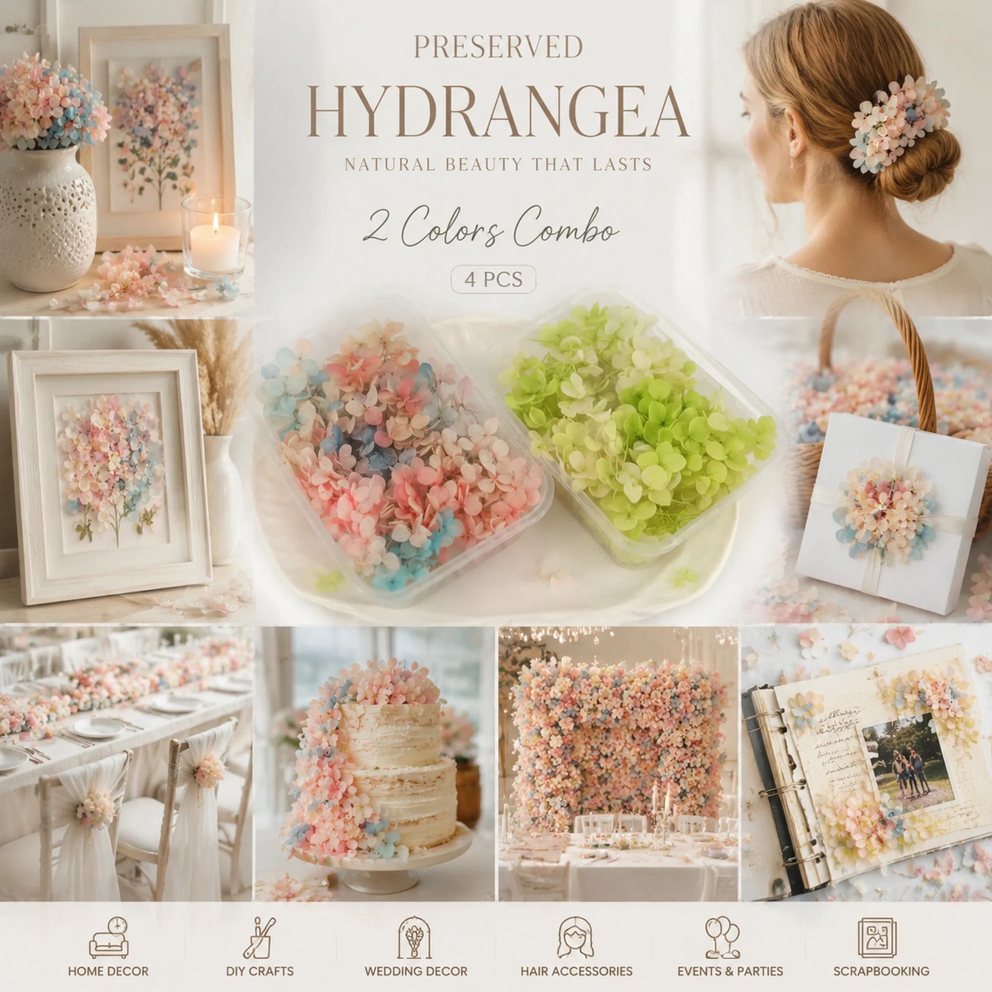 Dreamy Tone & Pale Green Champagne Preserved Hydrangea Scented Candle Supply 4 Pack - Image 1