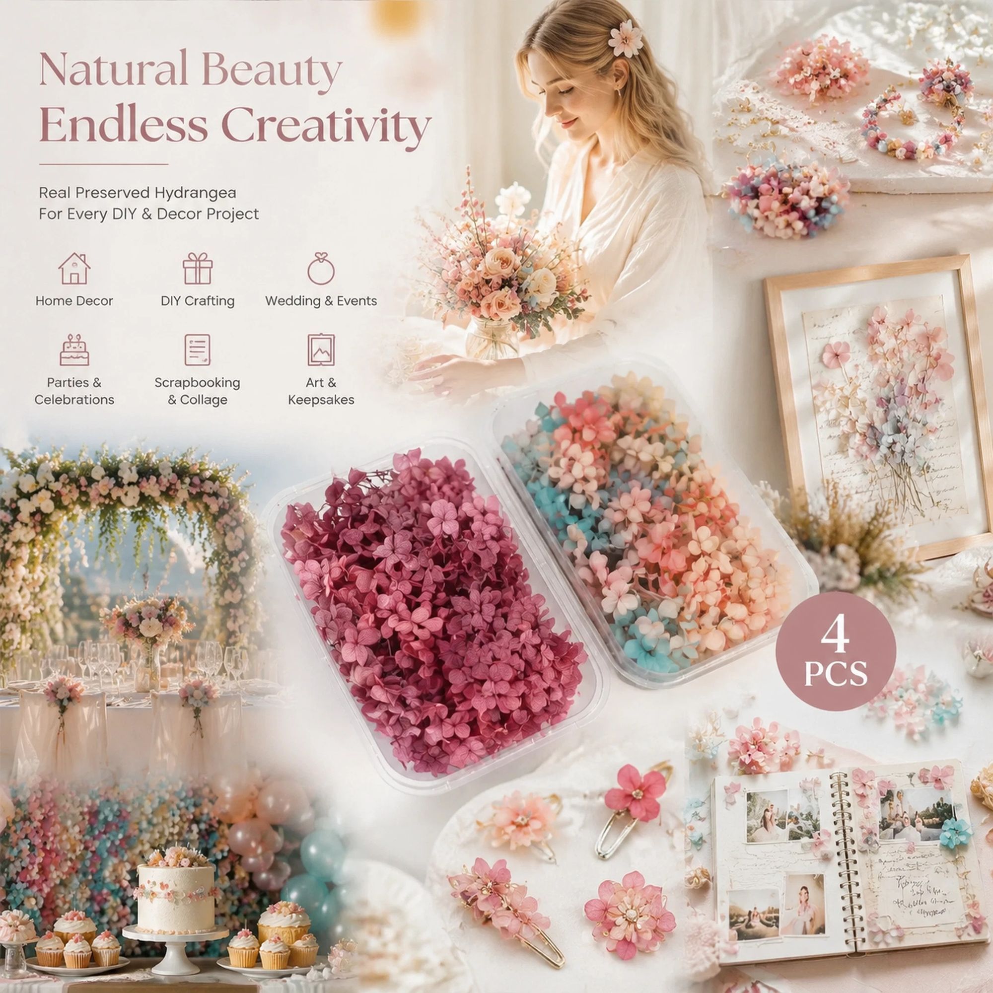 Dreamy Tone & Purple Cloud Preserved Hydrangea Resin Ornament Bulk Kit 4 Boxes - Image 1