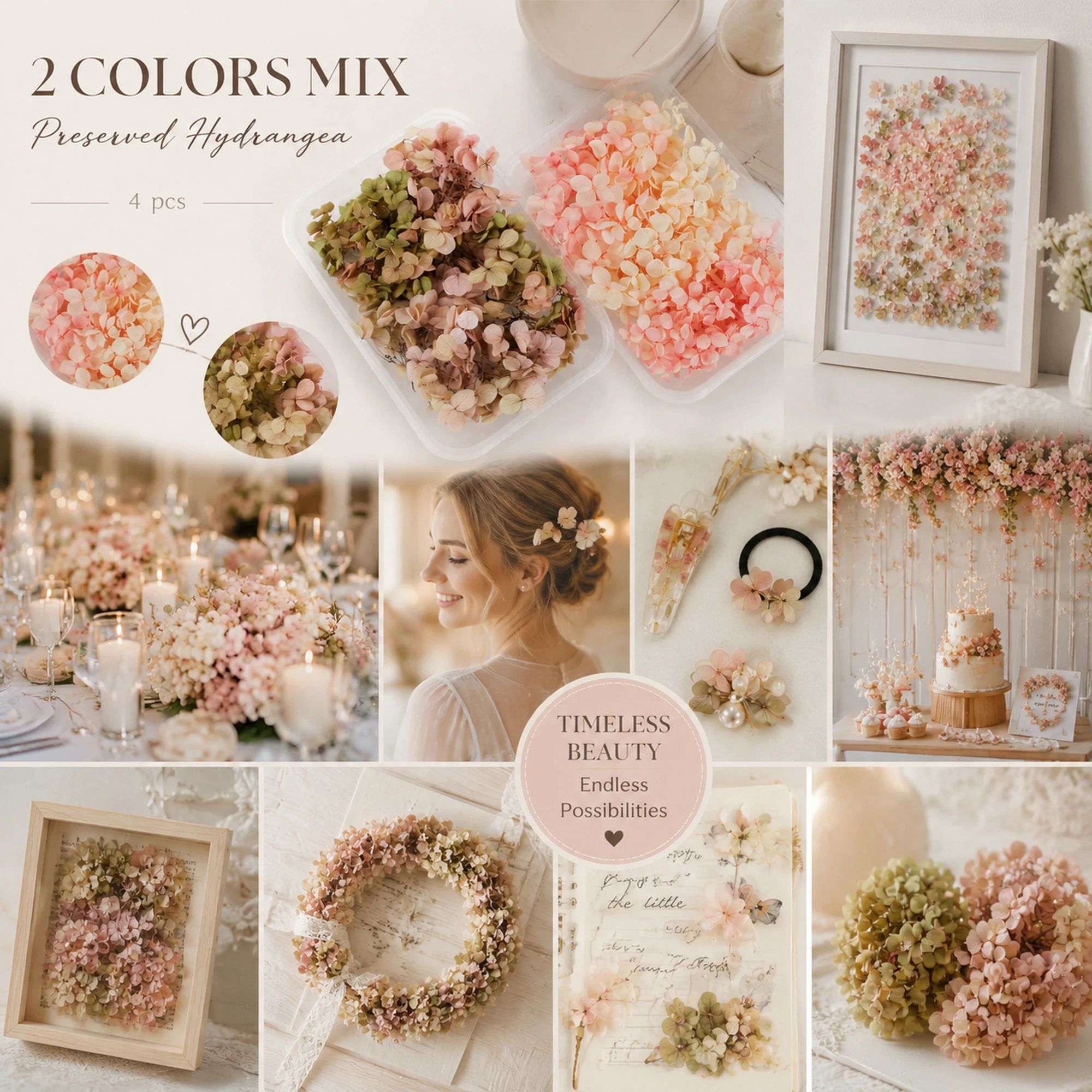 Agate Blue & Champagne Tone Preserved Hydrangea Wedding Gift DIY Accessory Kit 4 Boxes - Image 1
