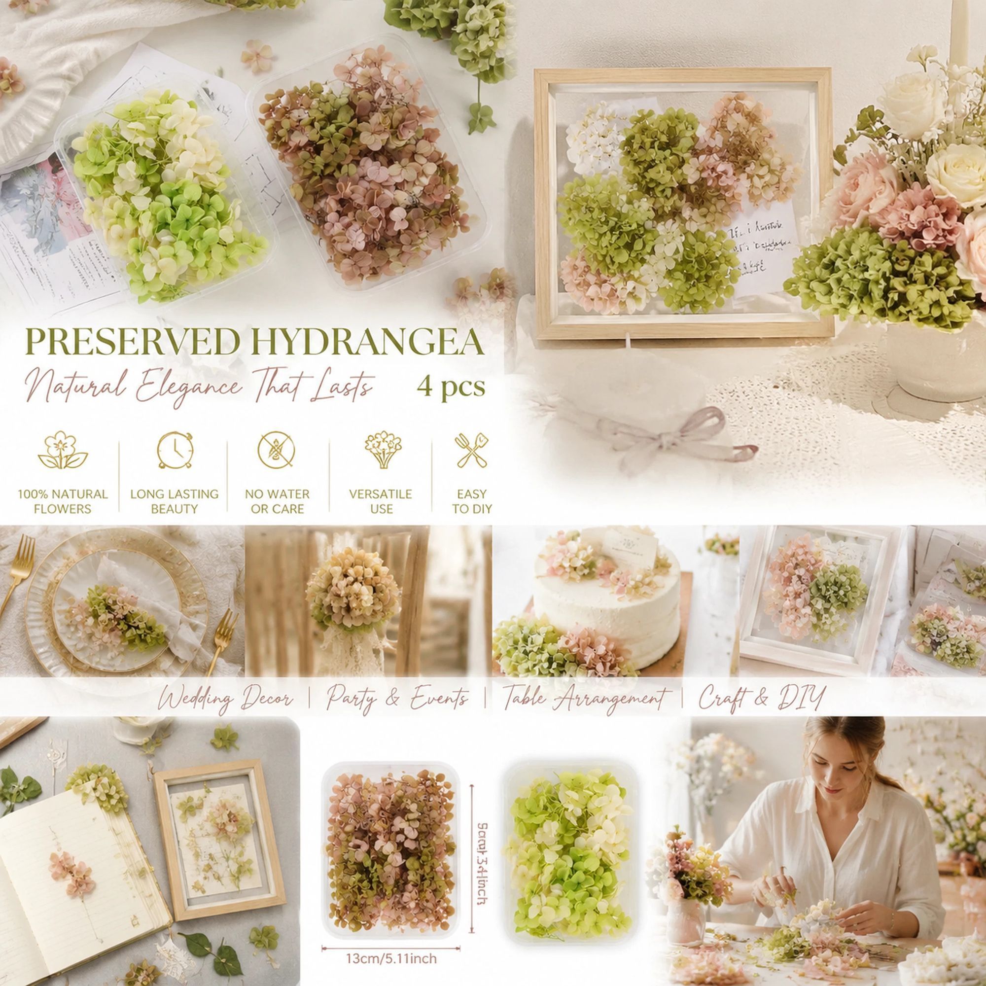 Agate Blue & Pale Green Champagne Gradient Preserved Hydrangea Bouquet Bulk Supply 4 Pack - Image 1
