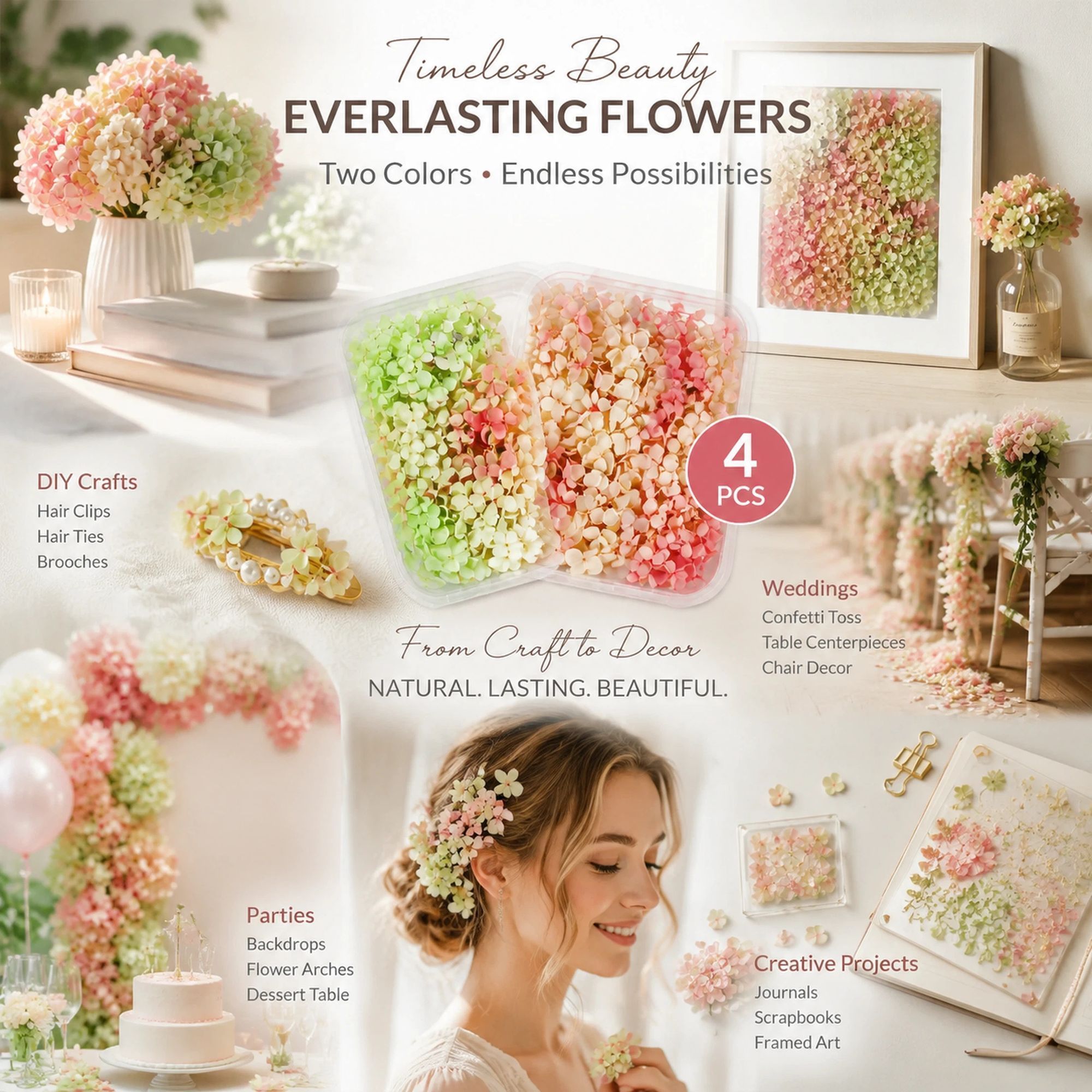 Warm Mixed Shade & Champagne Tone Preserved Hydrangea Wedding Styling Craft Supply 4 Pack - Image 1